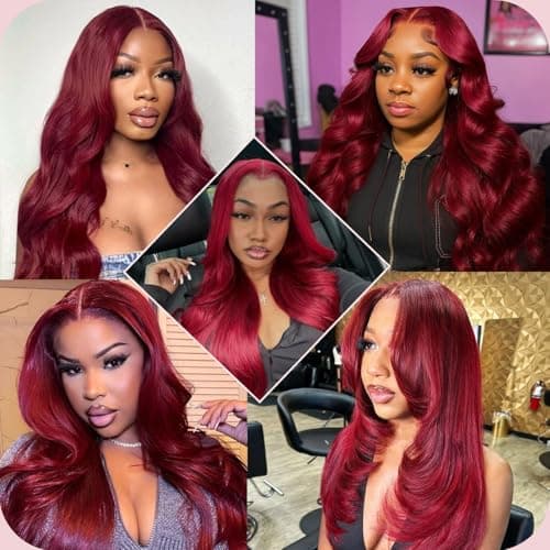 Alimoonbeam 28 Inch 99J Burgundy T Part Lace Front Wigs Human Hair Red Burgundy Wig Human Hair HD Body Wave Lace Front Wigs 181 Density Pre Plucked Lace Frontal Wigs for Women view 5