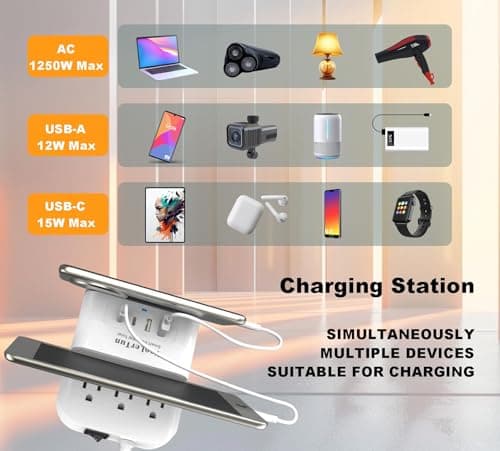 VooLerTun Surge Protector Power Strip Outlet Extender 4 USB Charging Station with Multi Outlet,6FT Flat Plug Extension Cord 3 AC with Overload Protection ETL Certified for Office Home view 5