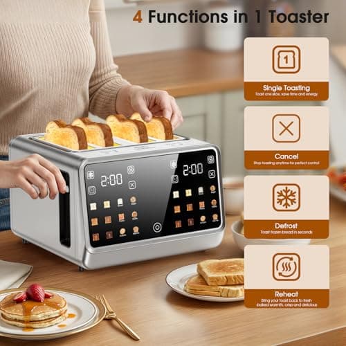 4 Slice Toaster Wide Slot– Dual Digital TouchScreen & Independent Control Panel | Single-Slot Tech Timer/Reheat/Defrost for Bagels Bread | 1800W Stainless Steel 6 Toast Types & Shade Settings view 4