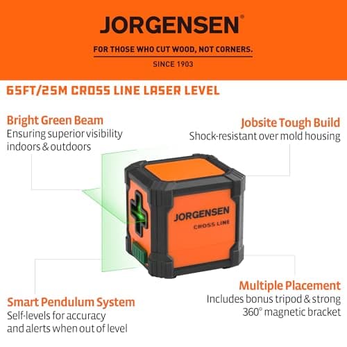 JORGENSEN Laser Level with Tripod, 65 FT Self Leveling Cross Line Laser Leveler Tool with 360° Magnetic Base, Green Laser Level for Picture Hanging, Home Renovation, Indoor Project view 2
