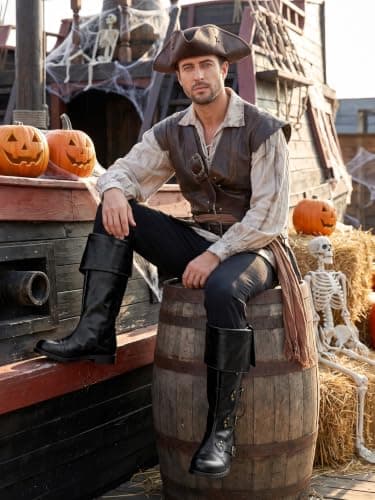 FancyFun Medieval Pirate Boots Men, Renaissance Boots Gothic Cosplay Shoes | PU Leather, Plush Lining, Wide Calf, Knee-High & Non-Slip, Rivet Accents & Calf-Buckle, with Boxes, Soft & Sturdy view 2