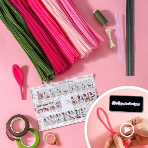 JollyPetal&Twig Pipe Cleaners Craft 5 Colors,Chenille Stems Plush Craft Kit,Pink Pipe Cleaners Flowers Kit with Floral Tape for Wedding Gifts Graduation Bouquet (Pink) view 3