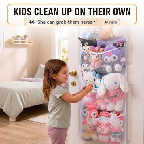 Honeyera The Original Stuffed Animal Storage (Patented) - Over Door Organizer for Stuffies, Baby Ideas Holder, Toy Plush Hammock Hanging Net Big Girls Toddler Large Bag Animals Stuffy Behind view 5
