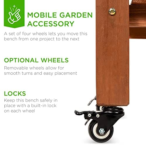 Best Choice Products Mobile Garden Potting Bench, Outdoor Wood Workstation Table w/Sliding Tabletop, 4 Locking Wheels, Food Grade Dry Sink, Storage Shelves - Brown view 6