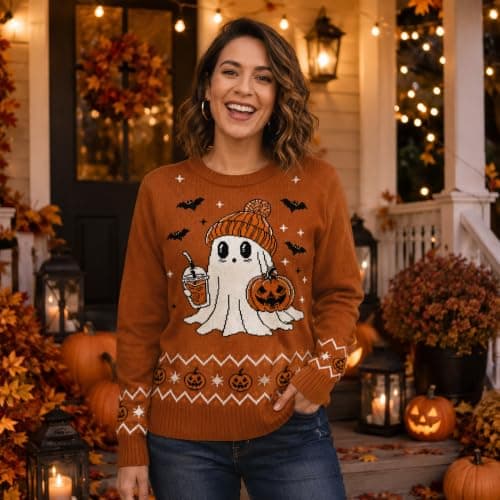 Halloween Sweaters for Women: Ghost Pumpkin Costume Knit Pullover view 4