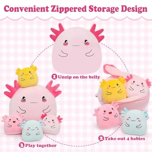 Axolotl Plush with 4 Babies Inside - 13 Inch Mommy Axolotl Plush Interactive 4 Colorful Baby in Tummy 5-Piece Cute Big Axolotls Adopt Toy Plushies for Girls Boys 0-8 Kids Birthday Baby ShowerGift view 2