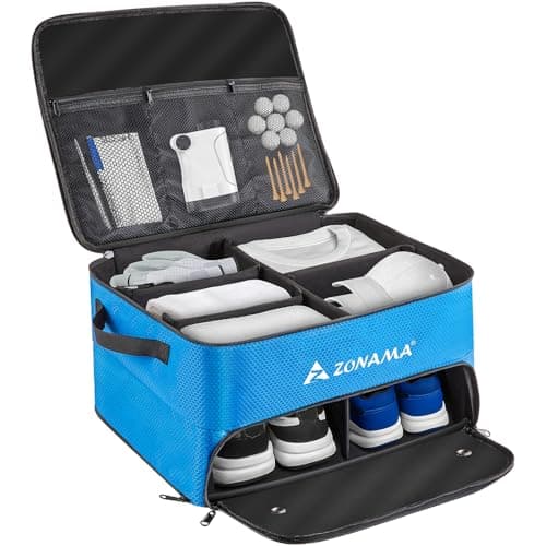 Golf Trunk Organizer, 3 Layers Large Space Car Trunk Locker, with Separate Compartment, Waterproof Golf Accessories Bag for 2 Pairs of Golf Shoes, Balls, Clothes, Golf Gift for Men Women (Blue)