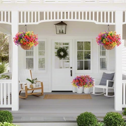 Hananona 2 Set Artificial Outdoor Flowers with Hanging Basket, 2 Hanging Planters with 24 Pcs Flowers for Spring Summer Front Porch Garden Patio Home Decor (2, Red, Purple, Yellow, Rose Red) view 2