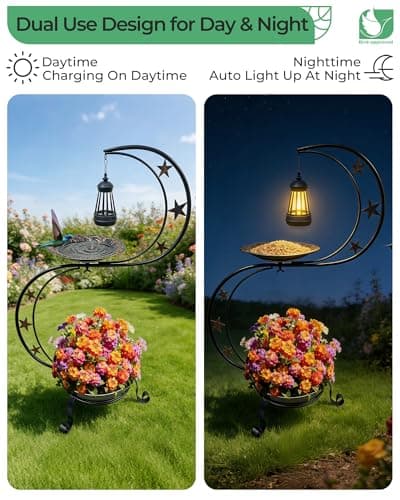 OUISJYER Solar Bird Bath with Planter, 2-Tier Standing Metal Birdbath, 9" Bowl + 12" Planter for Garden Yard Patio | Auto Solar Light, Stable Rust-Resistant Outdoor Decor view 2