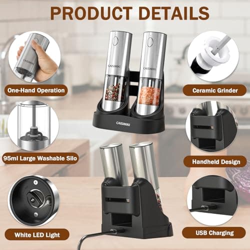 CAISIMIKI Electric Salt and Pepper Grinder Set Upgraded Stainless Steel Spice Grinder USB Rechargeable Automatic Pepper Mill Dual Charging Station Grinder Shakers, Silver view 5
