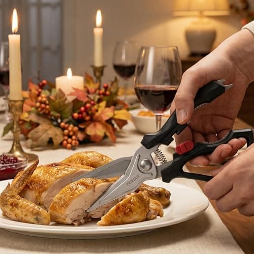 FINENUT Heavy Duty Kitchen Scissors with Peeler Sheath - Spring Loaded Poultry Shears for Chicken, Meat & Fish - Multipurpose Food Scissors with Safety Lock & Non-Slip Handle, Dishwasher Safe view 2
