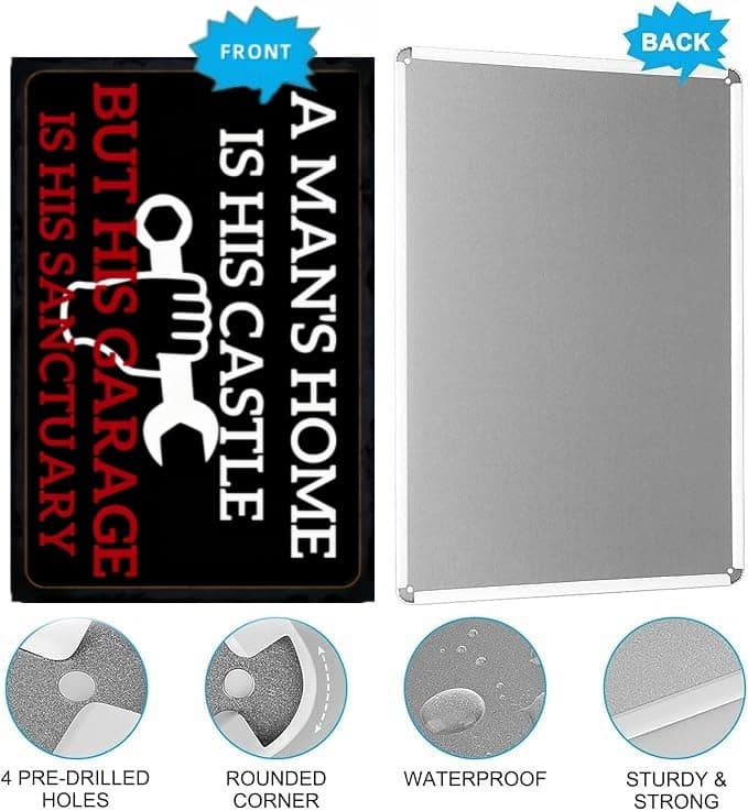 Carastora Men's Vintage Garage Decor, Funny Metal Tin Sign, Quote "A man's home is his castle, his garage his sanctuary", Rustic Style Den Home Bar Accessory, 12x8 Inch view 6