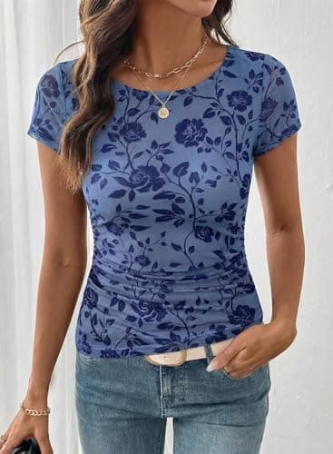 SHEWIN Shirts for Women Crew Neck Floral Short Sleeve Blouses Floral Mesh Top Summer Tops for Women 2026 view 3