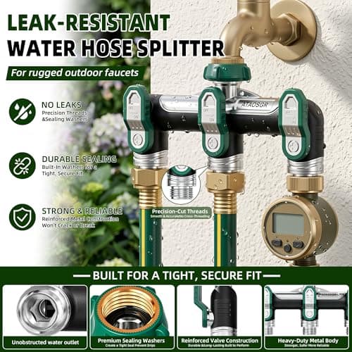 Garden Hose Splitter 3 Way, Heavy Duty Metal, 3/4" GHT, Green 2.48" Easy-Turn Handles, 3 Independent Shutoff Valves, Full-Flow 0.59" Outlets for Timers, Sprinklers & Irrigation view 6