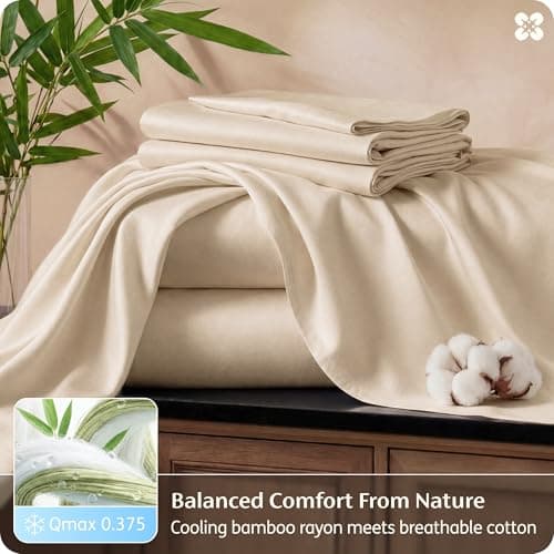 Bedsure Bamboo Viscose Cooling Sheets, Rayon Cotton Serene Blend, PureWoven, Breathable & Buttery Soft Queen Size Bed Set,Deep Pocket Up to 18", Hotel Luxury Bedding for Hot Sleepers, Beige view 3