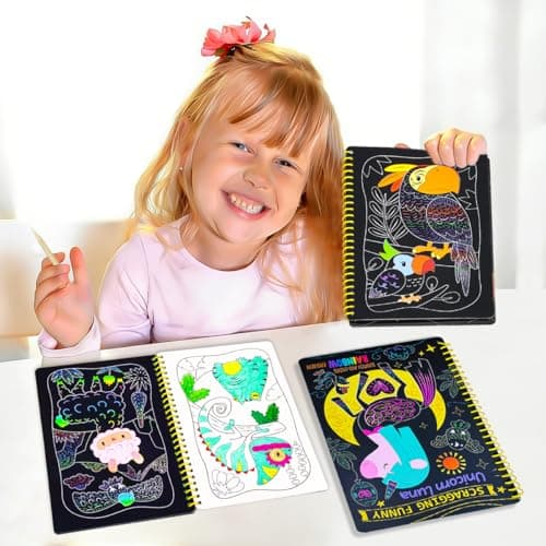 JUNQIU 2 Pack Animal & Unicorn Scratch Art for Kids, Rainbow Scratch Paper Art Notebook, Arts and Crafts for Boys Girls, Birthday Gifts Party Games view 2