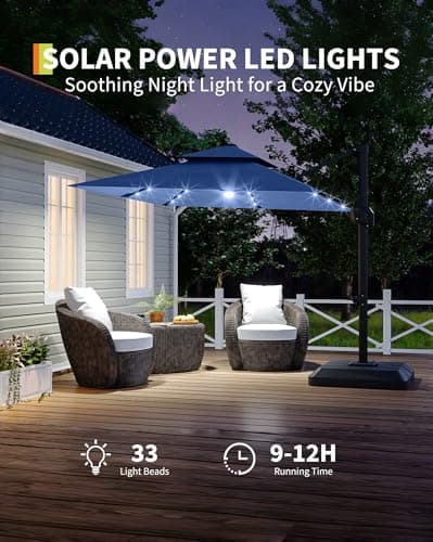 Garvee 10 ft Solar Lights Cantilever Patio Umbrella with Base Included, 360° Rotation Offset Umbrella, Easy Crank & Tilt Adjustment, UV Protection for Backyard, Poolside, Deck -Navy Blue view 4