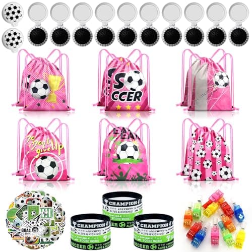 Fiestivo Soccer Party Favors for girls, Soccer Goodie Bags with LED Finger Lights, Mini Brush, Silicone Bracelets Stickers Gift Bags for Soccer Themed Birthday Party Favors Supplies 98 Pcs view 1