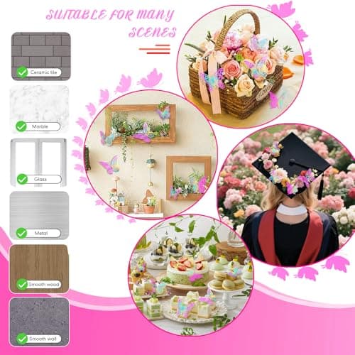 3D Butterfly Wall Decor 3 Sizes 4 Styles Butterfly Party Decorations Cake Decorations Removable Stickers Wall Decor Room Mural Metallic (Laser Pink, 48Pcs) view 7
