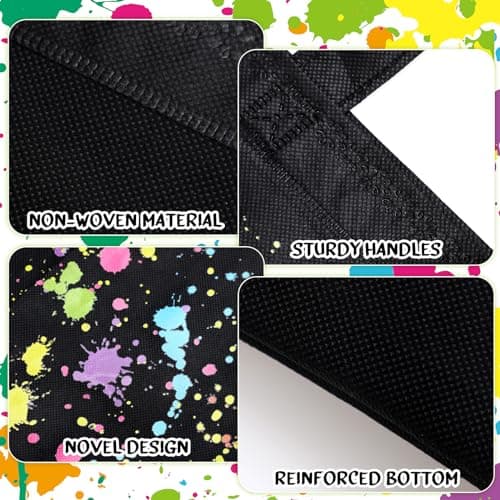 Hosuly 24 Pieces Neon Party Favor Bags Glow Gift Bags Glow in the Dark Candy Pouches Non Woven Graffiti Party Goodie Pouches with Handle for Boy Girl Neon Theme Birthday Supplies Decoration view 3