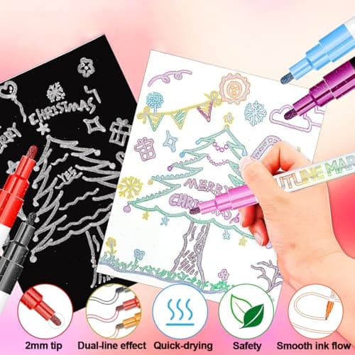 JZILU Double Line Outline Markers, 12 Colors Glitter Metallic Gel Pens Set, Easter Basket Stuffers For Teen Girls Kids, Art Supplies For Kids 9-12, 4-12 Year Old Girl Birthday Gifts view 6