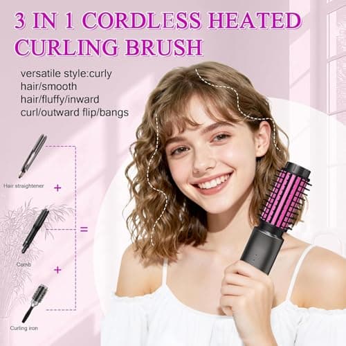 Mini Cordless Curling Iron Brush, Portable Hair Straightening Brush, Cordless Hair Curler Anti-Frizz with Negative Ions, 3-in-1 Crimper Hair Tool, Rechargeable Wave Curling Wand - Night Purple view 2