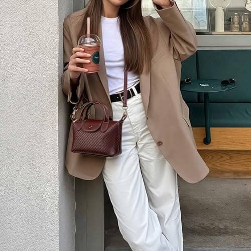 Kiss Sea Woven Leather Handbag for Women, Small Lightweight Dumpling Satchel with Top Handle Fashion Crossbody Purse view 3