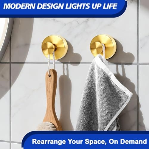 LUNIA Suction Cup Hooks, No Drill Bathroom Hooks, Waterproof Reusable Towel Hanger for Robe, Loofah, Mountable on Glass, Mirror, Tile & Smooth Non-Porous Surfaces - 2 Pack Gold view 3