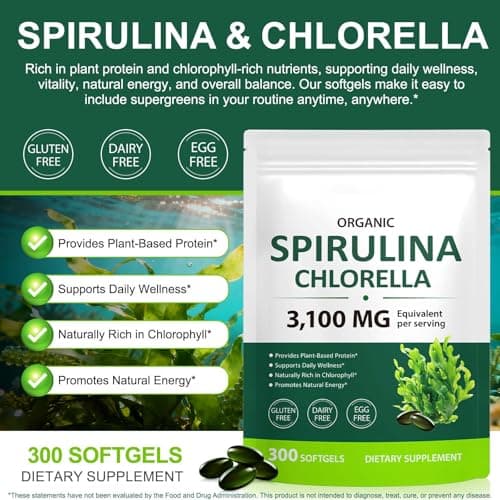 Tiuedu Spirulina Chlorella Softgels 300 Capsules, 17 in 1 Green Nutrient Blend Spirulina Chlorella Softgels,Rich in Plant Protein, Vitamins, Chlorophyll, Easy to Take Softgel view 2