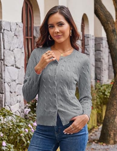 GRACE KARIN Womens Long Sleeve Button Up Cable Knit Cardigan Lightweight 2026 Crewneck Button Down Sweaters for Women view 2