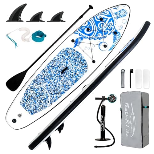 FEATH-R-LITE Inflatable Stand Up Paddle Board 10'6''x33''x6'' Ultra-Light (18.9lbs) SUP with Paddleboard Accessories,Fins,Adjustable Paddle, Pump,Backpack, Leash, Waterproof Phone Bag