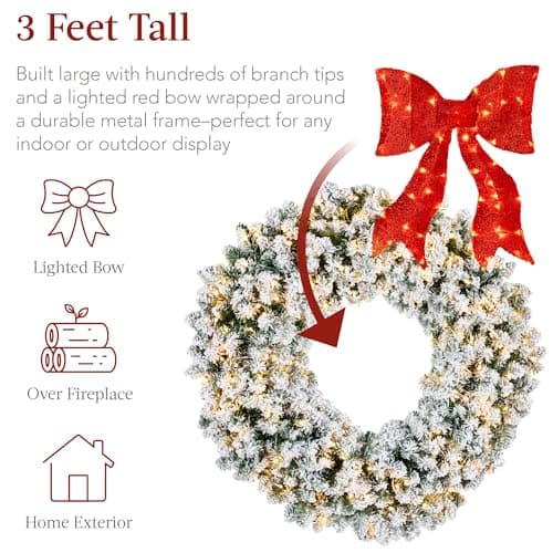 Best Choice Products 36in Large Flocked Artificial Pre-Lit Fir Christmas Wreath Holiday Accent Decoration for Door, Mantel w/Red Lighted Bow, 150 LED Lights, 300 PVC Tips, Power Plug-in view 4