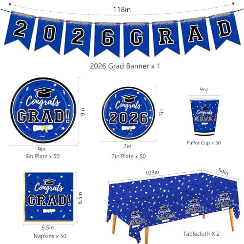 Graduation Decorations 2026 Disposable Blue Graduation Tableware Kit for 25 Guests Plates Napkins Cups Tablecloth Hanging Graduation Party Decorations 2026 view 2