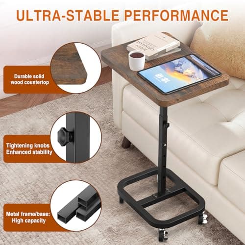 alentar Adjustable Height Mobile TV Tray Table with Wheels, Portable Rolling Desk, and Laptop Table for Eating on Couch or Sofa, Featuring Upgraded Alloy Steel Support and a Sturdy Quadrilateral Base view 4