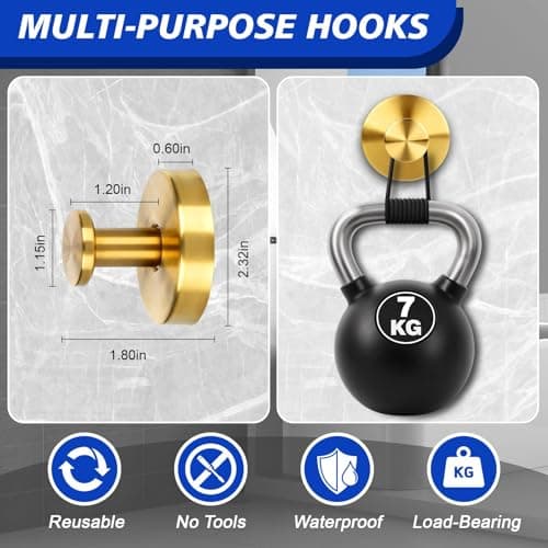LUNIA Suction Cup Hooks, No Drill Bathroom Hooks, Waterproof Reusable Towel Hanger for Robe, Loofah, Mountable on Glass, Mirror, Tile & Smooth Non-Porous Surfaces - 2 Pack Gold view 5