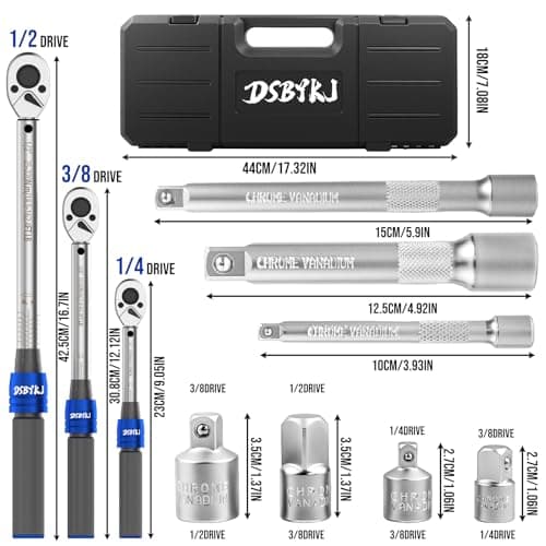 DSBYKJ 10pcs Torque Wrench Set 1/2 3/8 1/4 inch Drive Click, 3Pcs Torque Wrenches 10-170 FT.LB,5-50FT.LB,20-240IN.LB, Inch pound Torque Wrench with 3 Pcs Adapter for Bike,Car, Truck,Tractor view 2