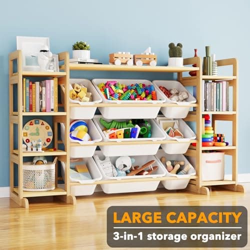 SpaceAid Large Toy Storage Organizer 9 Shelves 9 Bins, Toy Organizers Storage Bookshelf, Kids Bin Shelf Toys Box Bookcase for Bedroom Playroom Organization Room Decor, White view 4