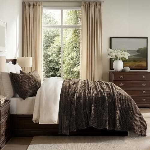 EVERGRACE Velvet Quilt Set King Size, Luxurious Soft Striped Channel Bedding Set, Lightweight Velvet Comforter for All Season, Oversized Bedspread Coverlet with 2 Matching Shams, Walnut Brown view 3