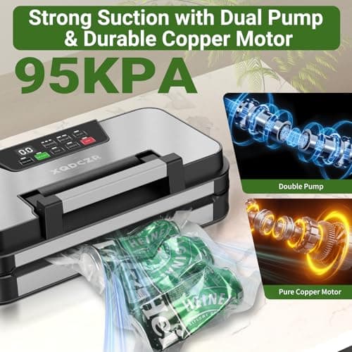 95kPa Vacuum Sealer Machine, Powerful Double Pump 10-in-1 Food Sealing System with Double Heat Seal, Built-in Cutter & Bag Storage, Easy-Lock Handle, Hose, 2 Bag Rolls, Durable Stainless Steel Design view 2