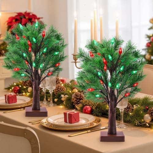 2 Pack Christmas Decorations Indoor Artificial Lighted Christmas Tree with C6 Strawberry,Total 48 LED Battery/USB Operated Pine Tree for Tabletop Fireplace Harvest Home Indoor Xmas Decor (Green) view 3