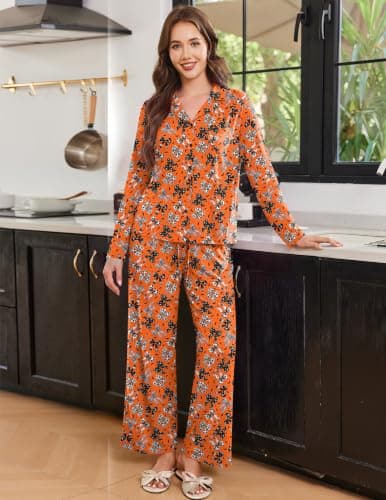 Ekouaer Women's Pajama Sets Soft Long Sleeve Pjs Cute Button Down Sleepwear view 2