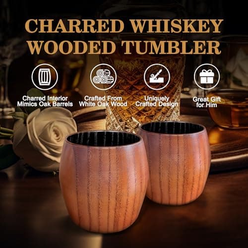 Charred Wooden Bourbon Drinking Glass, Bourbon Gifts for Men – 10 oz Wooden Old Fashioned Glasses Set Whiskey Tumbler | Birthday Whiskey Gifts for Men, Dad or Brother Original Bourbon Tumbler (2 Pack) view 3