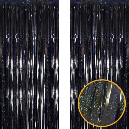 2 Pack 3.2ft x 8.2ft Black Metallic Tinsel Foil Fringe Curtains Door Streamer Photo Booth Backdrop for Birthday Wedding Engagement Baby Shower Bachelorette Christmas Party Supplies Decorations (Black) — image 1