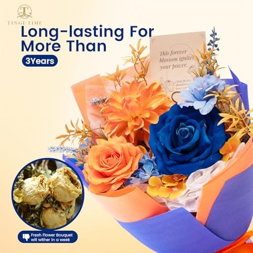 TINGE TIME Preserved Flowers Bouquet, Orange & Navy Blue Roses Gift Bouquet, Eternal Roses Bouquet for Wedding, Table Centerpieces, Mothers Day, Birthday Gifts, Anniversary, Graduation view 7