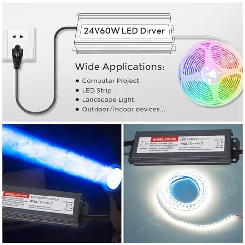 UPWATT LED Driver 60W Waterproof IP68 Power Supply Transformer Adapter 110V-250V AC to 24V DC Low Voltage Output for LED Light, Computer Project, Outdoor Light and Any 24V DC led Lights, 60W24V-N view 4