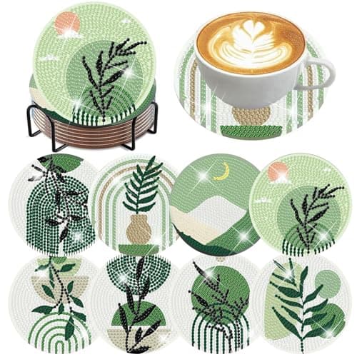 ijbnhd 8 Pcs Leaf Diamond Art Coasters Kit, Leaf Diamond Painting Coasters with Holder, Arts and Crafts Supplies Astral 4X4inch (Cork Wooden Pad)