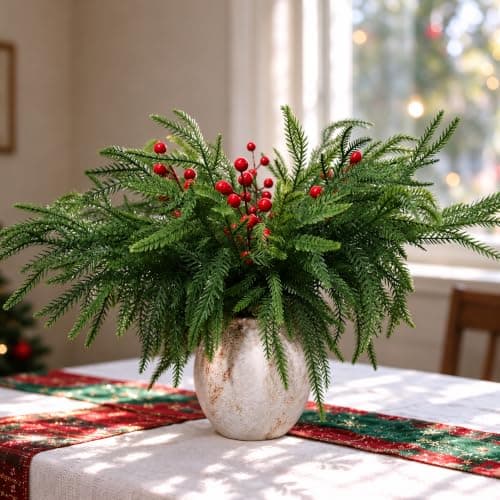 Artificial Christmas Norfolk Pine Branches with Red Berry Stems view 5