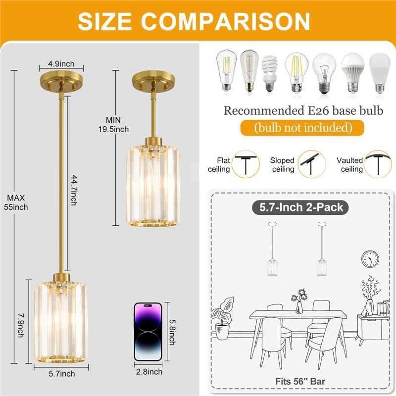 2 Pack Pendant Lights Kitchen Island, Modern Gold Pendant Light Fixtures, Mini Chandelier Crystal Kitchen Island Lighting, Hanging Pendant Lights Fixture for Kitchen Island Dining Room Hallway Foyer view 4