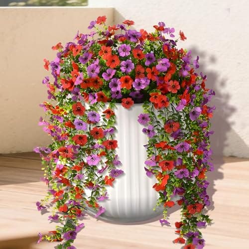 Artificial Fake Flowers Plants for Outdoors, 2 PCS UV Resistant Faux Silk Daisy with Eucalyptus Leaves Hanging Flowers for Home Garden Balcony Yard Porch Decor(Purple Red) — image 1