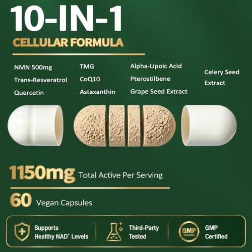 NMN Supplement 1150mg NAD+ Longevity 10-in-1 Resveratrol TMG CoQ10 60 Caps view 2